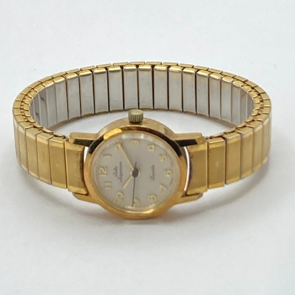 Vtg Jules Jurgensen Women's Watch 21mm Gold Tone Stretch New Battery SMALL 5.75